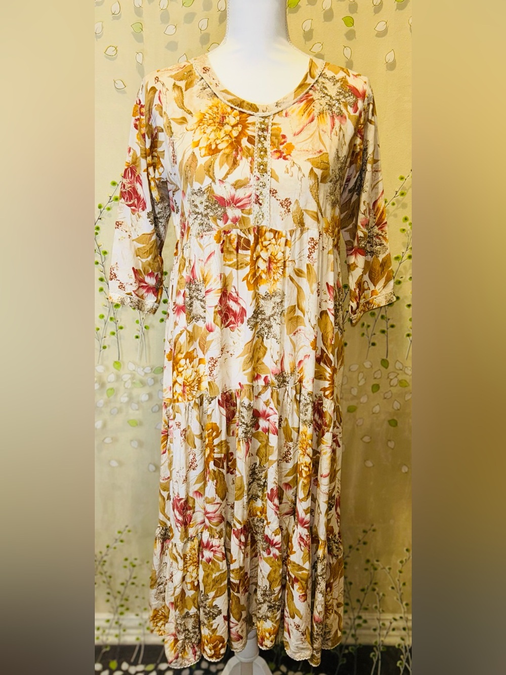 Anthropologie Anupamaa Floral Beaded Lurex Tiered Midi Dress Whimsygoth Sz 40